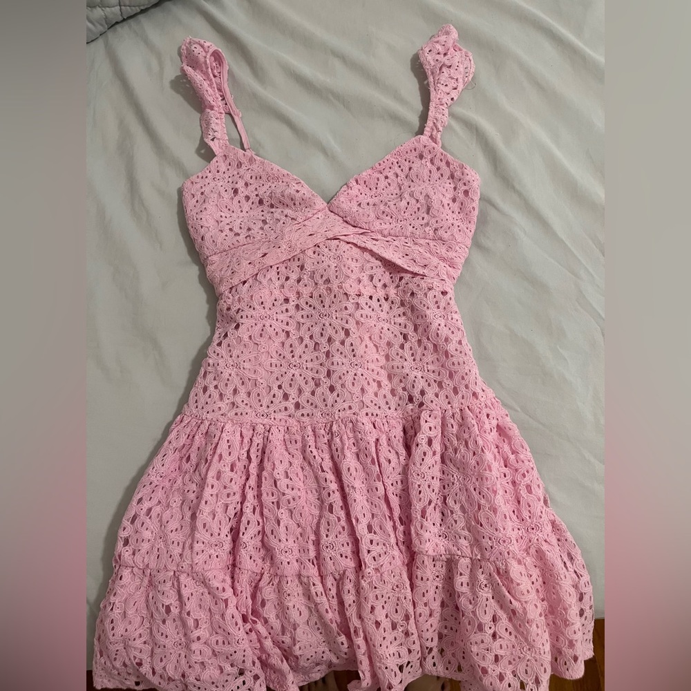 American Threads Lillian Lace mini dress in pink!